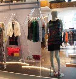 marcs retail store window display with acrylic hanger